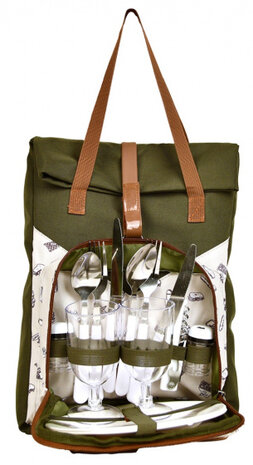 fietstas picknick 36 cm nylon groen/wit 16-delig