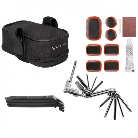 zadeltas met plakset en multitool zwart 14-delig