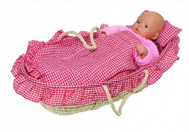 Poppenmandje Met Lakentjes Rood Geruit 58 X 33 X 15 cm