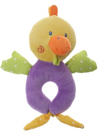 pluche rammelaar eend geel/paars 16 cm