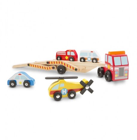 Houten autotransporter met noodvoertuigen