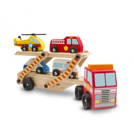 Houten autotransporter met noodvoertuigen