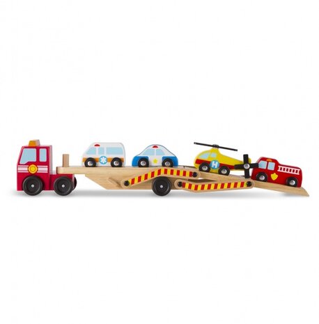Houten autotransporter met noodvoertuigen