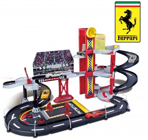 Race &amp; Play garageset met Ferrari F12 1:43 rood