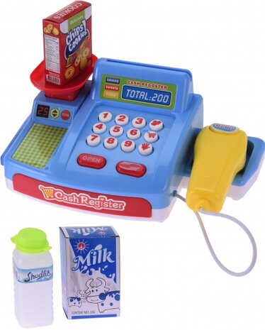 speelgoedkassa met boodschappen 25 cm 5-delig blauw