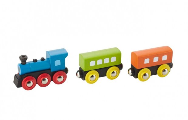 treinstel hout 22,7 cm 3-delig blauw/groen/oranje