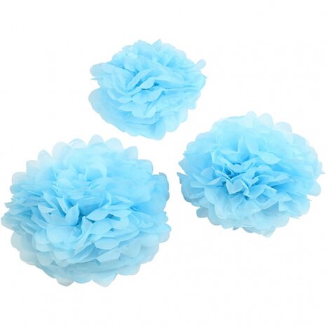 pompons zijdepapier 20-24-30 cm lichtblauw 3-delig