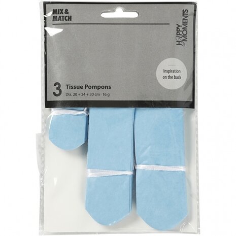 pompons zijdepapier 20-24-30 cm lichtblauw 3-delig