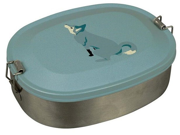 broodtrommel Wolf 19 x 14 x 5,8 cm RVS blauw/zilver