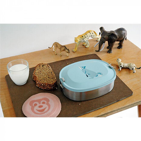 broodtrommel Wolf 19 x 14 x 5,8 cm RVS blauw/zilver