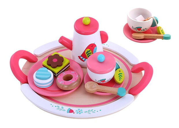 theeservies meisjes hout roze/wit 19-delig