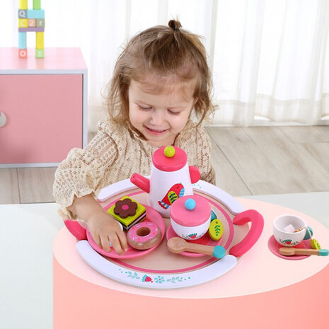 theeservies meisjes hout roze/wit 19-delig