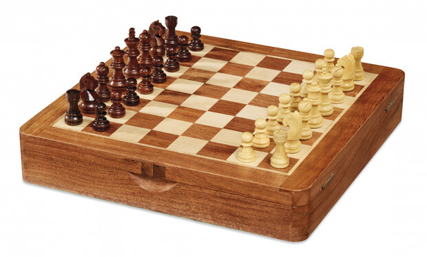 schaakbord magnetisch 25 cm hout bruin/cr&egrave;me 2-delig