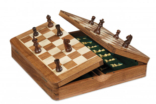 schaakbord magnetisch 25 cm hout bruin/cr&egrave;me 2-delig