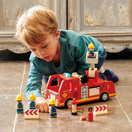brandweerwagen 28 cm junior hout rood 4-delig