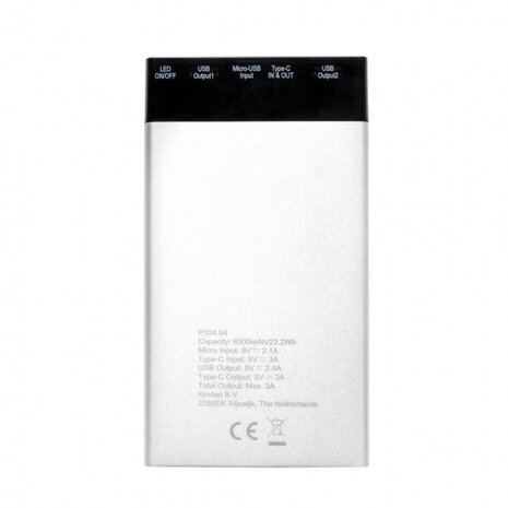powerbank 6000 mAh 12,3 x 6,8 cm ABS wit/zwart