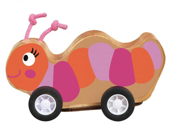 rups op wielen pull-back 7,5 x 7 cm hout oranje/roze