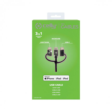 datakabel 3-in-1 micro-USB + MFI + USB-C 100 cm zwart