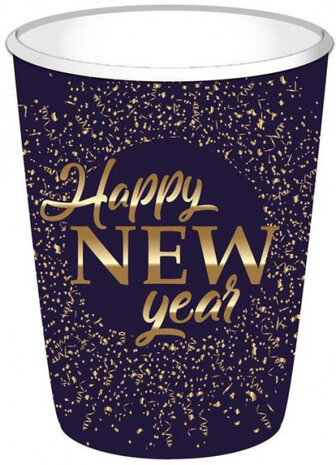 feestbekers Happy New Year 250 ml blauw 8 stuks