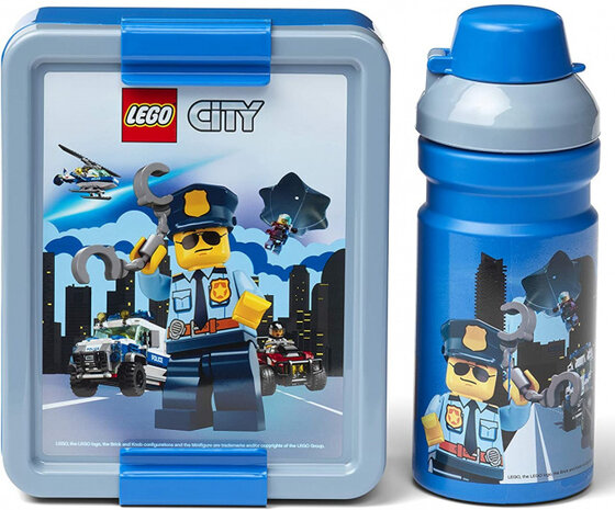 lunchset City jongens 17 x 13,5 cm pp blauw/grijs 2-delig