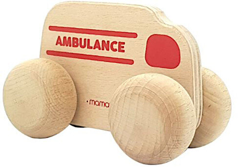 ambulance junior 15 x 8 cm hout naturel/rood