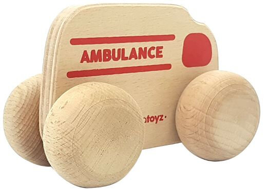 ambulance junior 15 x 8 cm hout naturel/rood