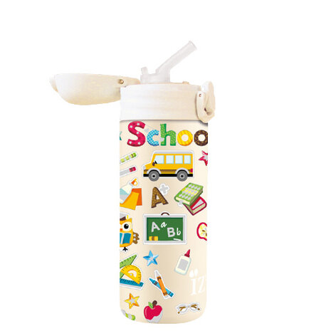 thermosfles met rietje school 350 ml RVS geel