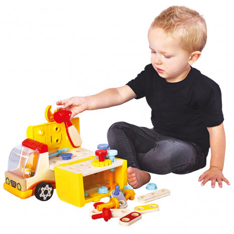 bouwvoertuig Multifunctioneel junior 25 cm hout geel 3-delig