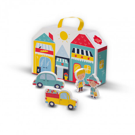 speelmat en koffer winkelstraat junior wit/blauw 6-delig