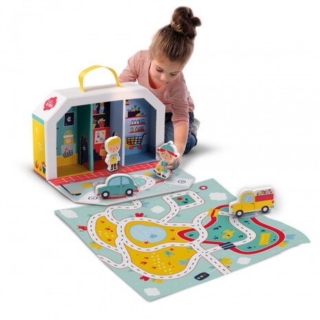 speelmat en koffer winkelstraat junior wit/blauw 6-delig