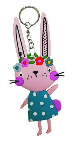sleutelhanger Konijn junior 14 cm PVC roze/blauw