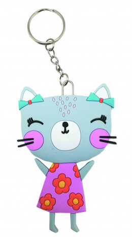 sleutelhanger Kat junior 9 cm PVC grijs/roze