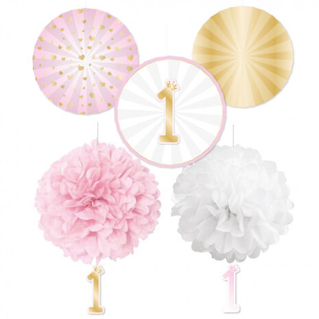 decoratieset 1st Birthday junior papier roze/wit 5-delig