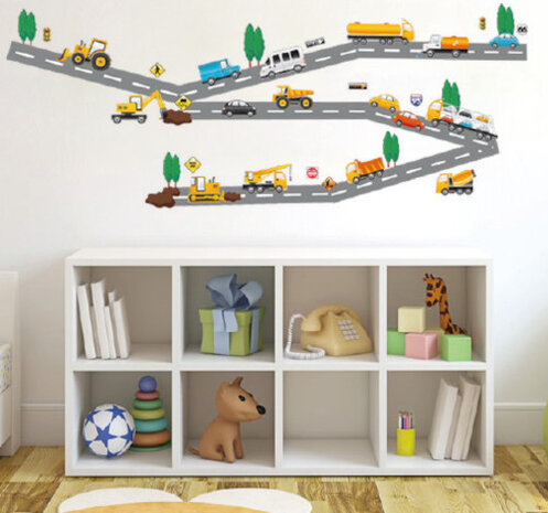 muursticker Cars jongens 29,7 x 42 cm geel 2-delig
