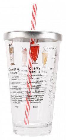 maatbeker Milkshake 475 ml glas/RVS rood/wit