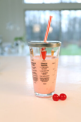 maatbeker Milkshake 475 ml glas/RVS rood/wit