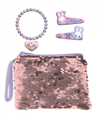 paillettentas en accessoiresset lila 4-delig