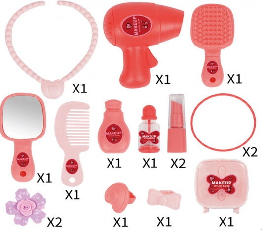 kaptafel koffer junior 17 x 38 cm rood/roze 16-delig