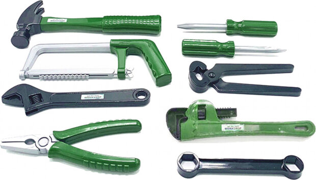 gereedschapskist Powertool junior 27 cm groen 10-delig