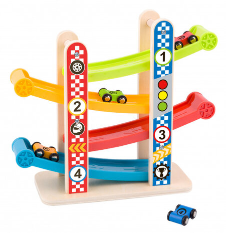 racebaan junior hout naturel/rood/blauw 5-delig