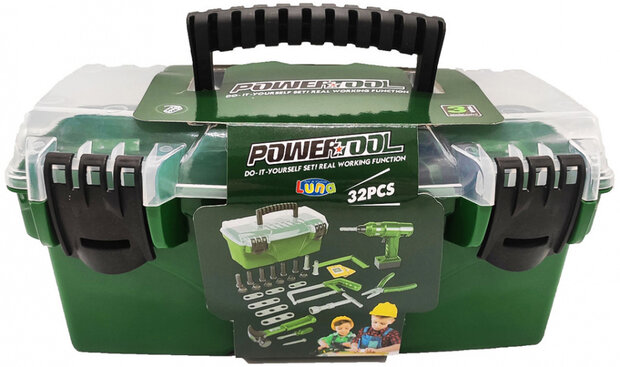 gereedschapskist PowerTool junior 32,5 cm groen 32-delig