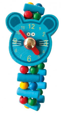 leerhorloge Muis junior 5,5 x 3 cm hout blauw