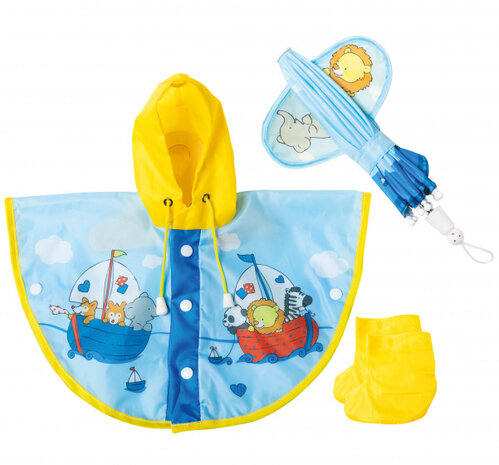 poppenregenkleding 28-35 cm polyester blauw/geel 3-delig