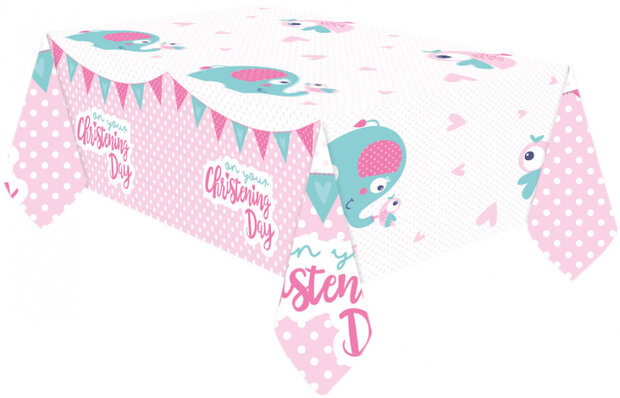 tafelkleed Christening Day junior 180 x 120 cm roze/wit