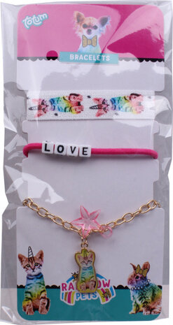 armband Rainbow Pets meisjes wit/roze/goud 3-delig