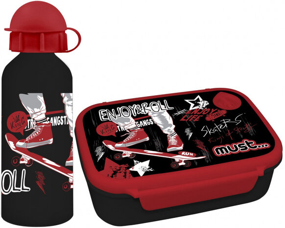 lunchset Enjoy &amp; Roll jongens zwart/rood 2-delig