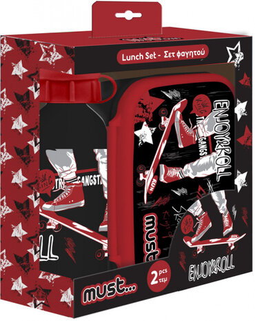 lunchset Enjoy &amp; Roll jongens zwart/rood 2-delig
