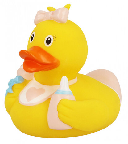 badeend Baby Girl junior 8,5 cm rubber geel/roze/blauw