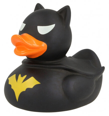 badeend Dark Duck junior 8,5 cm rubber zwart/geel/oranje