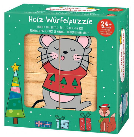 blokpuzzel kerst junior 4 x 4 cm hout naturel 4-delig